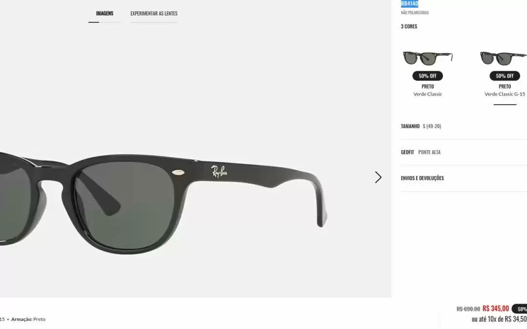 Óculos de Sol Ray Ban Preto modelo RB4140 por apenas R$345